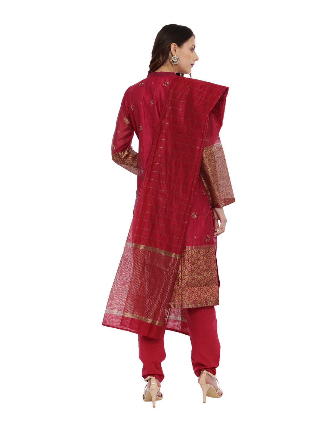 Neerus Maroon silk embellished kurta set - detail view 1