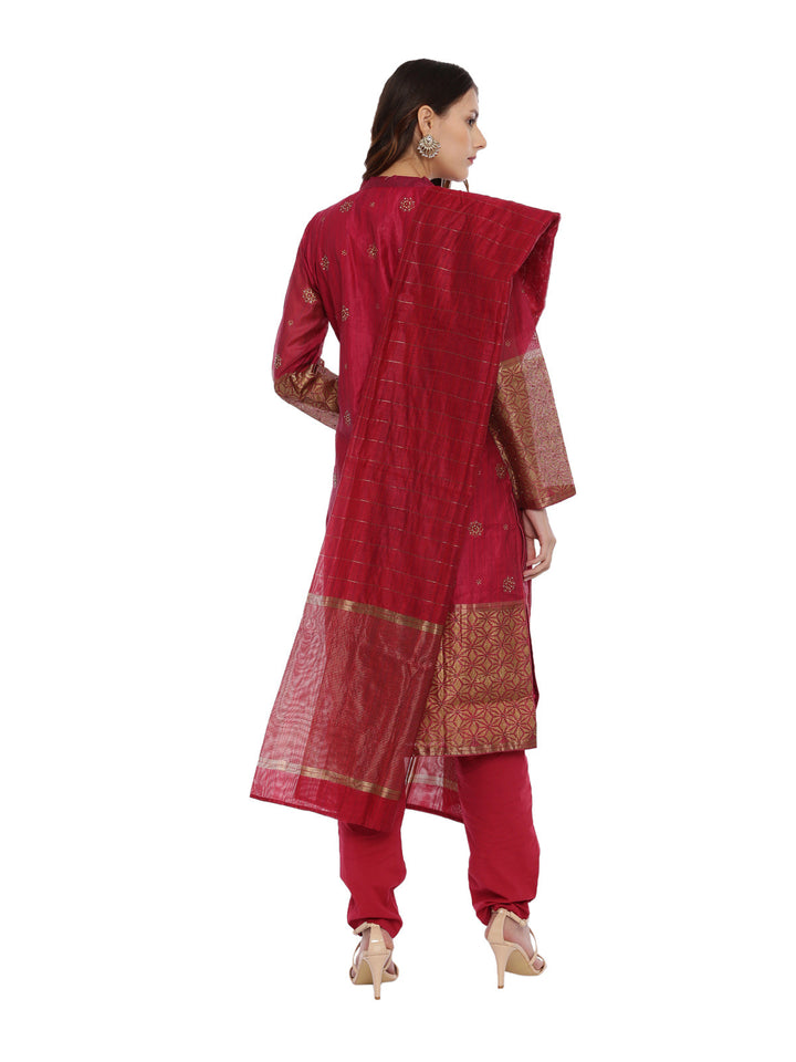Neerus Maroon silk embellished kurta set - detail view 1