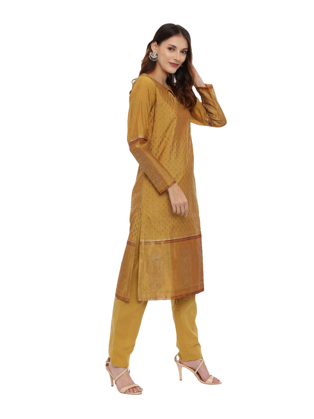 Neerus Yellow cotton printed kurta set - side view