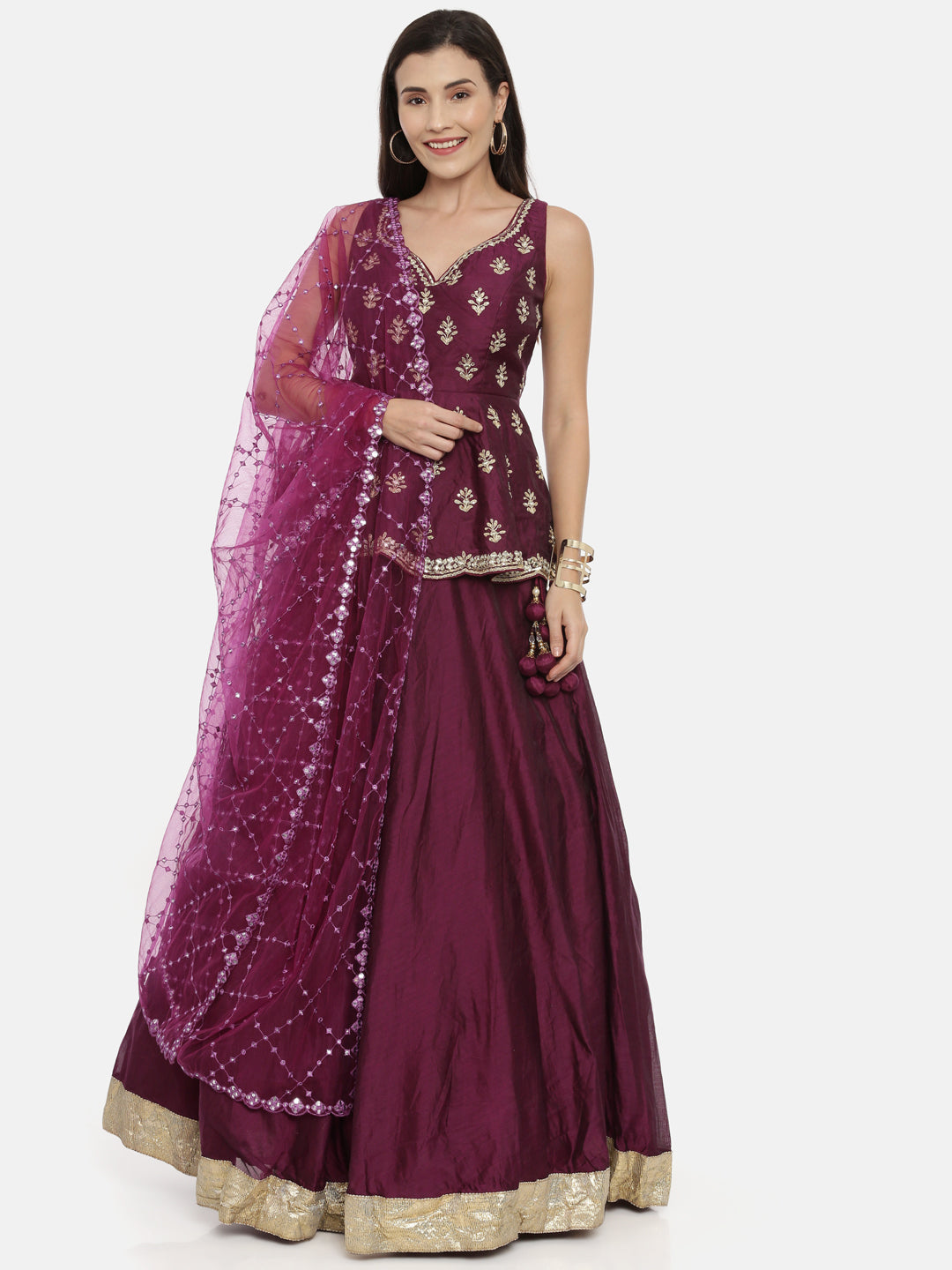 Neerus Maroon Chanderi Woven Lehenga Set - front view
