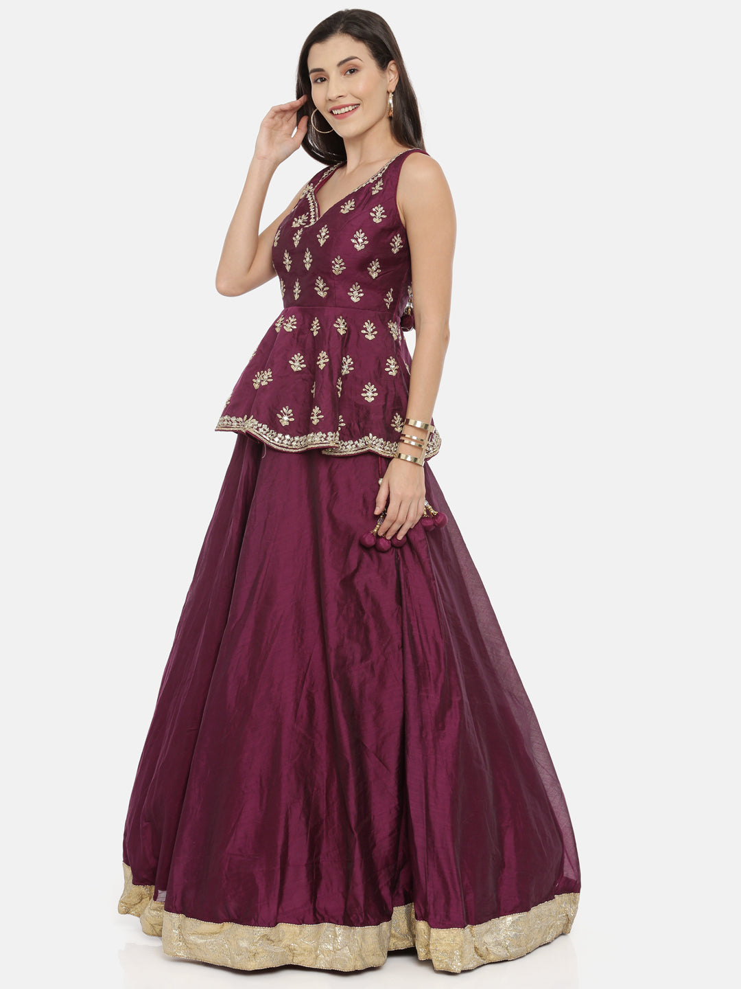 Neerus Maroon Chanderi Woven Lehenga Set - side view