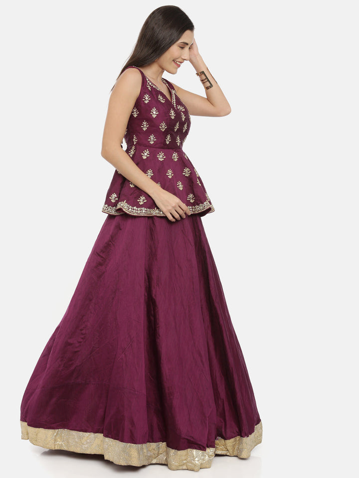 Neerus Maroon Chanderi Woven Lehenga Set - detail view 1
