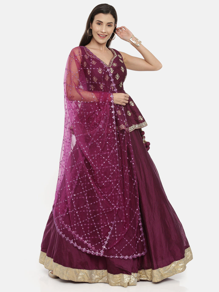 Neerus Maroon Chanderi Woven Lehenga Set - detail view 3