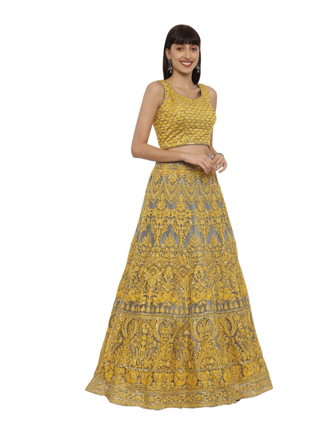Neerus Yellow net embellished lehenga set - side view