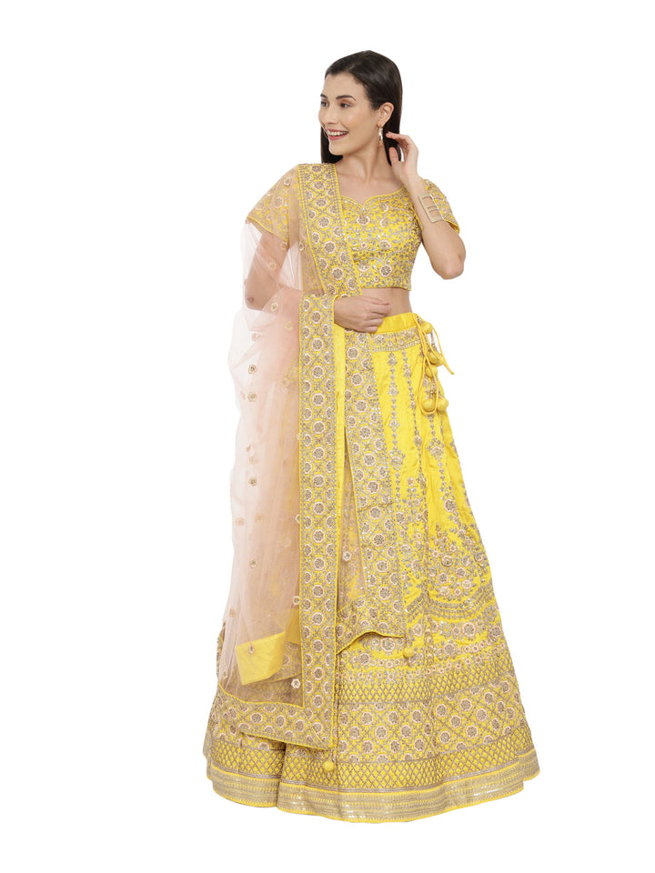 Neerus Yellow velvet embellished lehenga ghagra set - front view