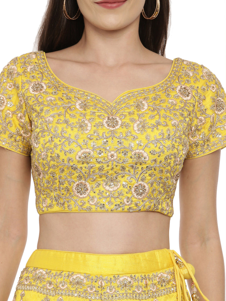 Neerus Yellow velvet embellished lehenga ghagra set - back view