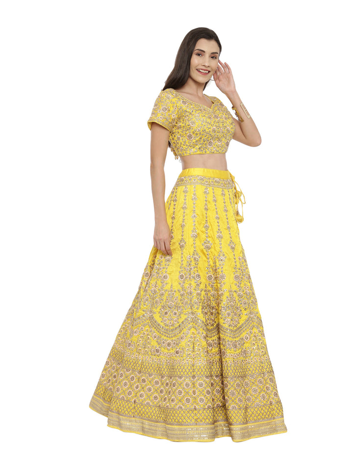 Neerus Yellow velvet embellished lehenga ghagra set - side view