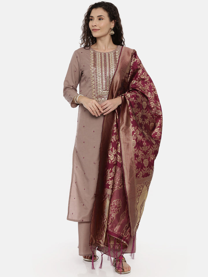 Neerus Purple embellished zari kurta set with palazzo and dupatta - front view