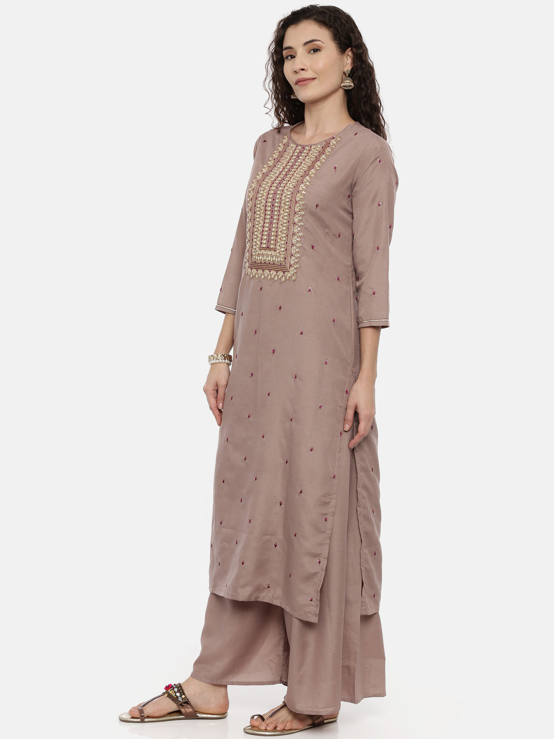 Neerus Purple embellished zari kurta set with palazzo and dupatta - side view
