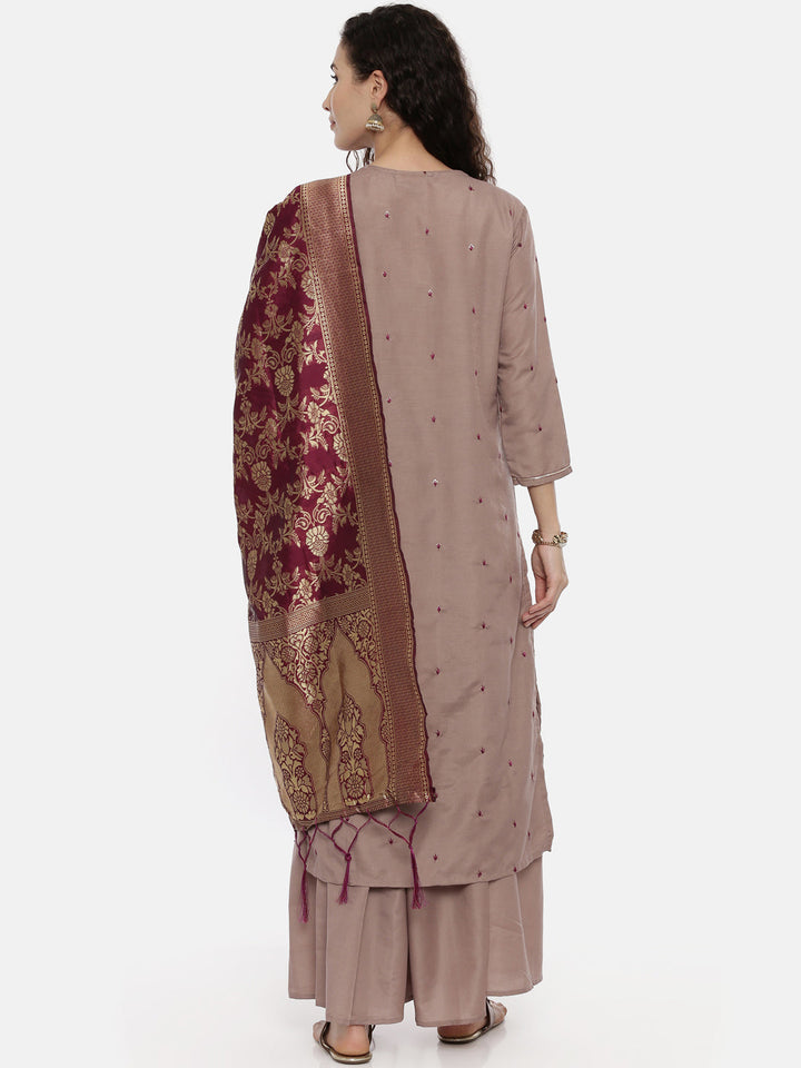Neerus Purple embellished zari kurta set with palazzo and dupatta - detail view 1