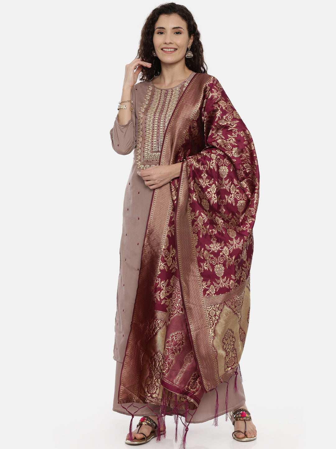 Neerus Purple embellished zari kurta set with palazzo and dupatta - detail view 2