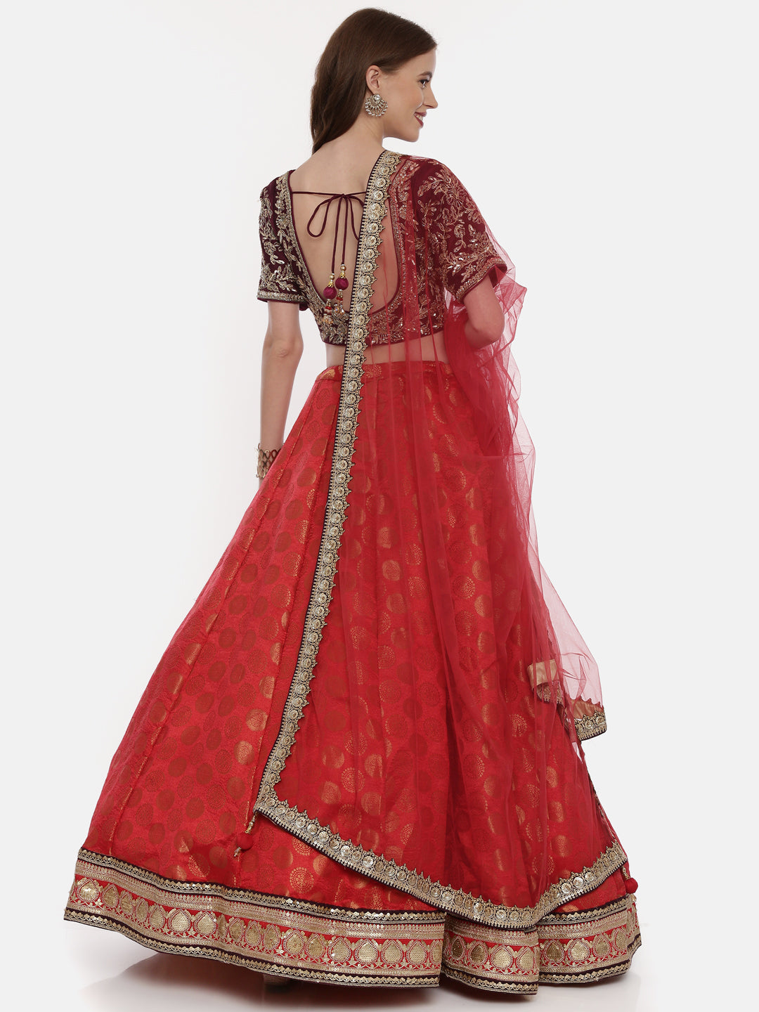 Neerus Red silk embellished lehenga set - detail view 1