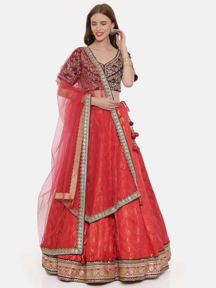 Neerus Red silk embellished lehenga set - detail view 2