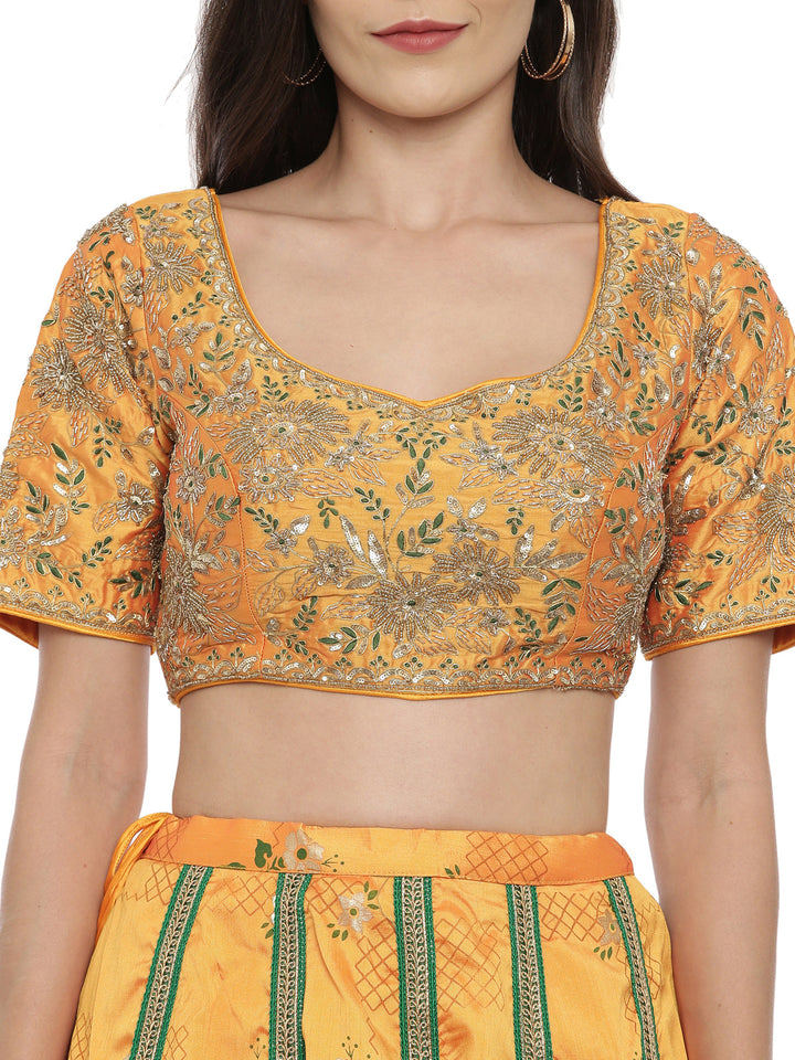 Neerus Yellow silk embellished lehenga set - back view