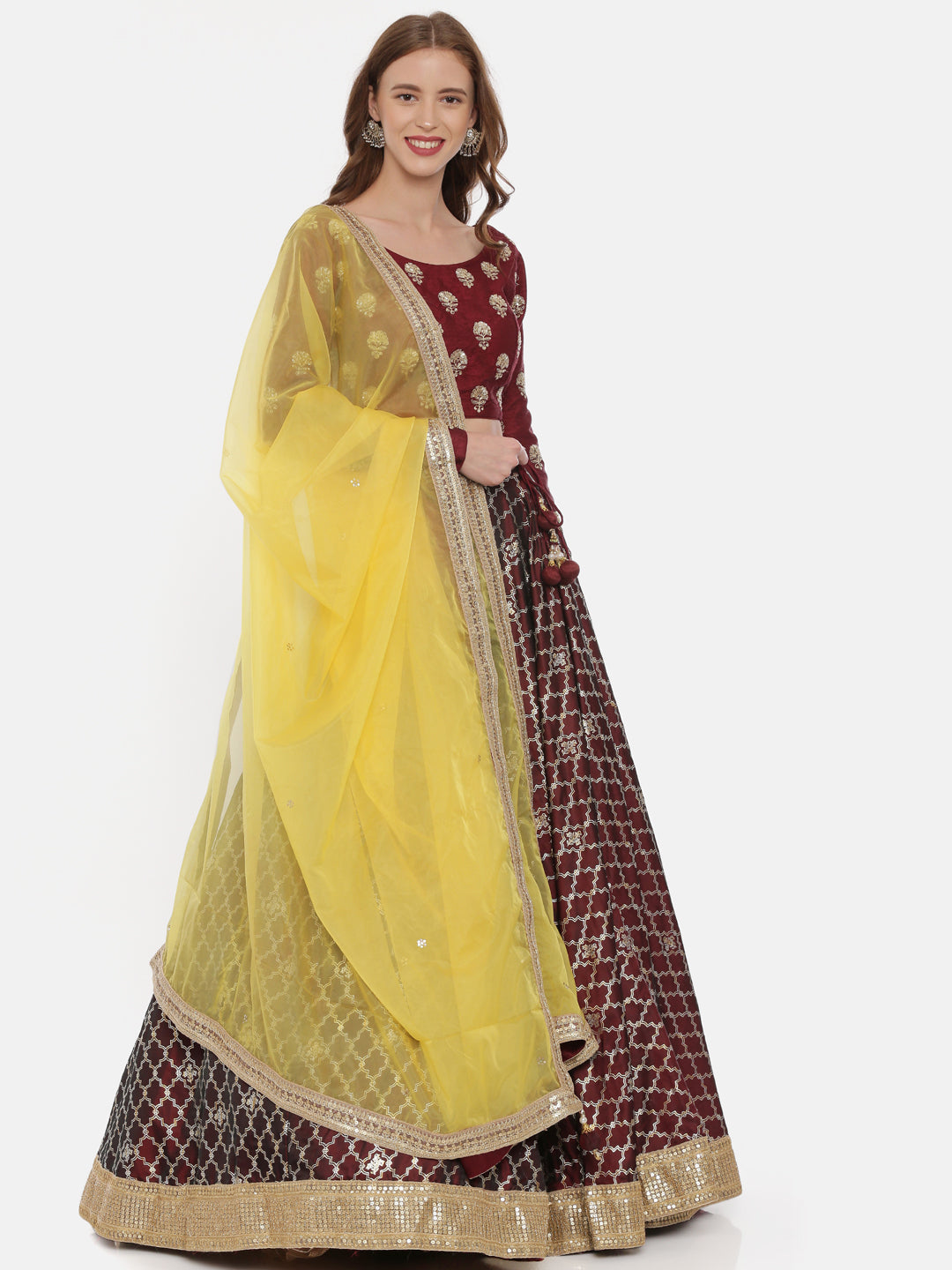 Neerus Maroon silk embellished lehenga set - front view