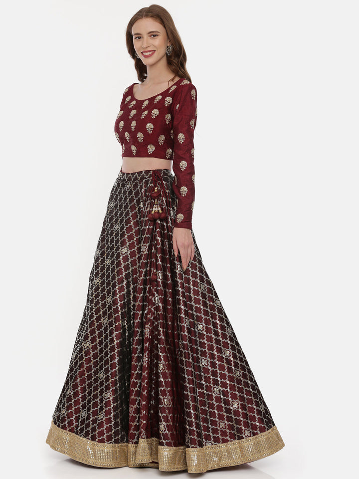 Neerus Maroon silk embellished lehenga set - detail view 1