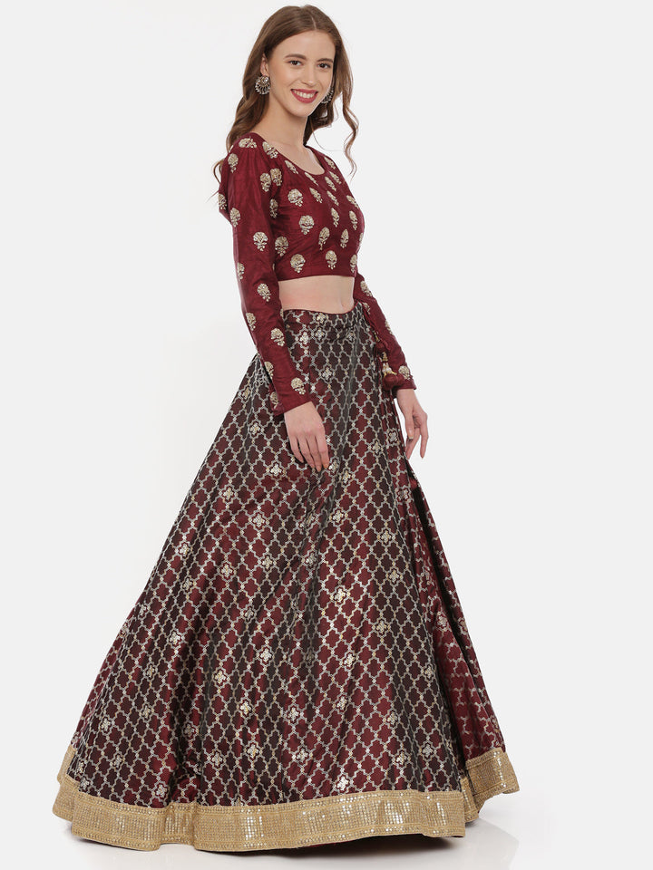 Neerus Maroon silk embellished lehenga set - detail view 2