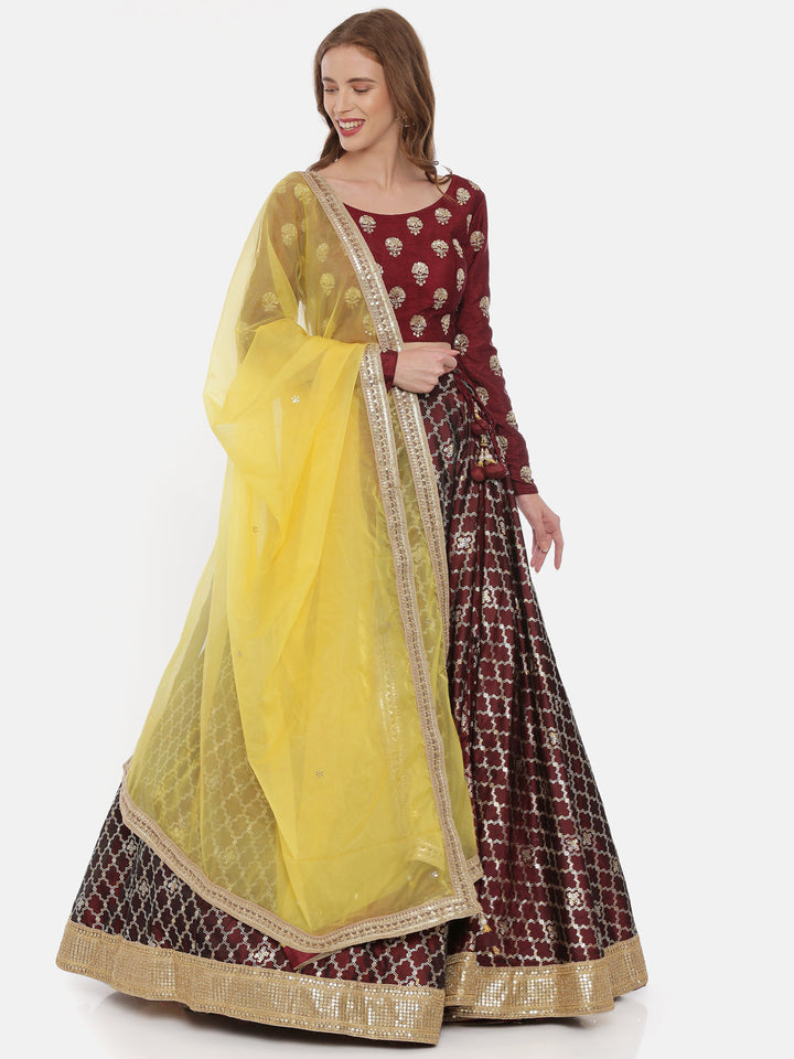 Neerus Maroon silk embellished lehenga set - detail view 4