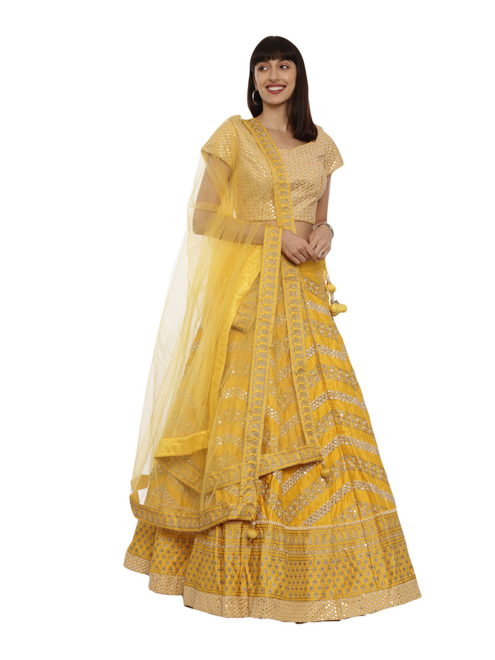 Neerus Yellow silk embellished lehenga set - front view