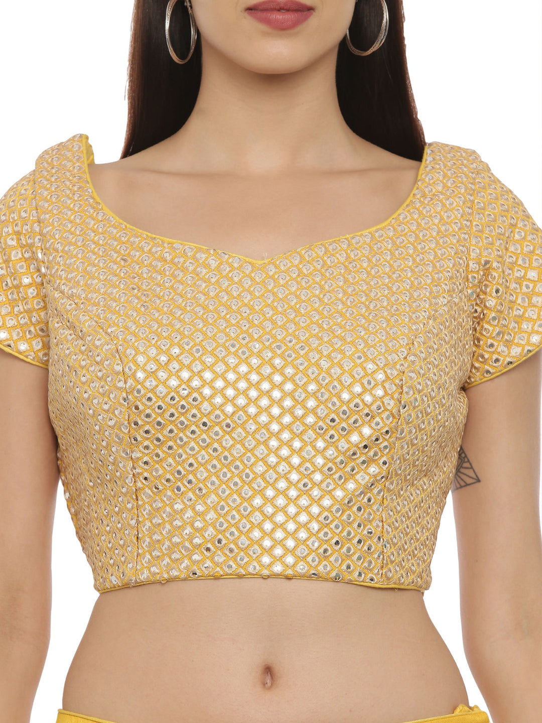 Neerus Yellow silk embellished lehenga set - back view