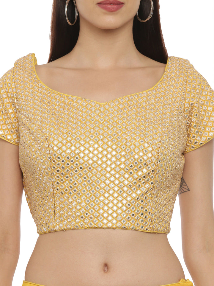 Neerus Yellow silk embellished lehenga set - back view