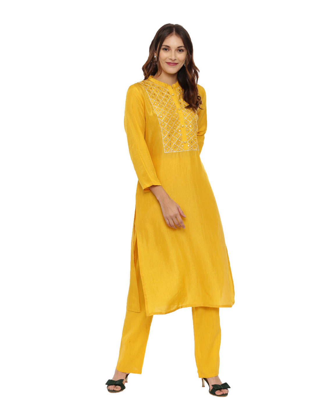 Neerus Yellow embellished kurta set with pant - front view