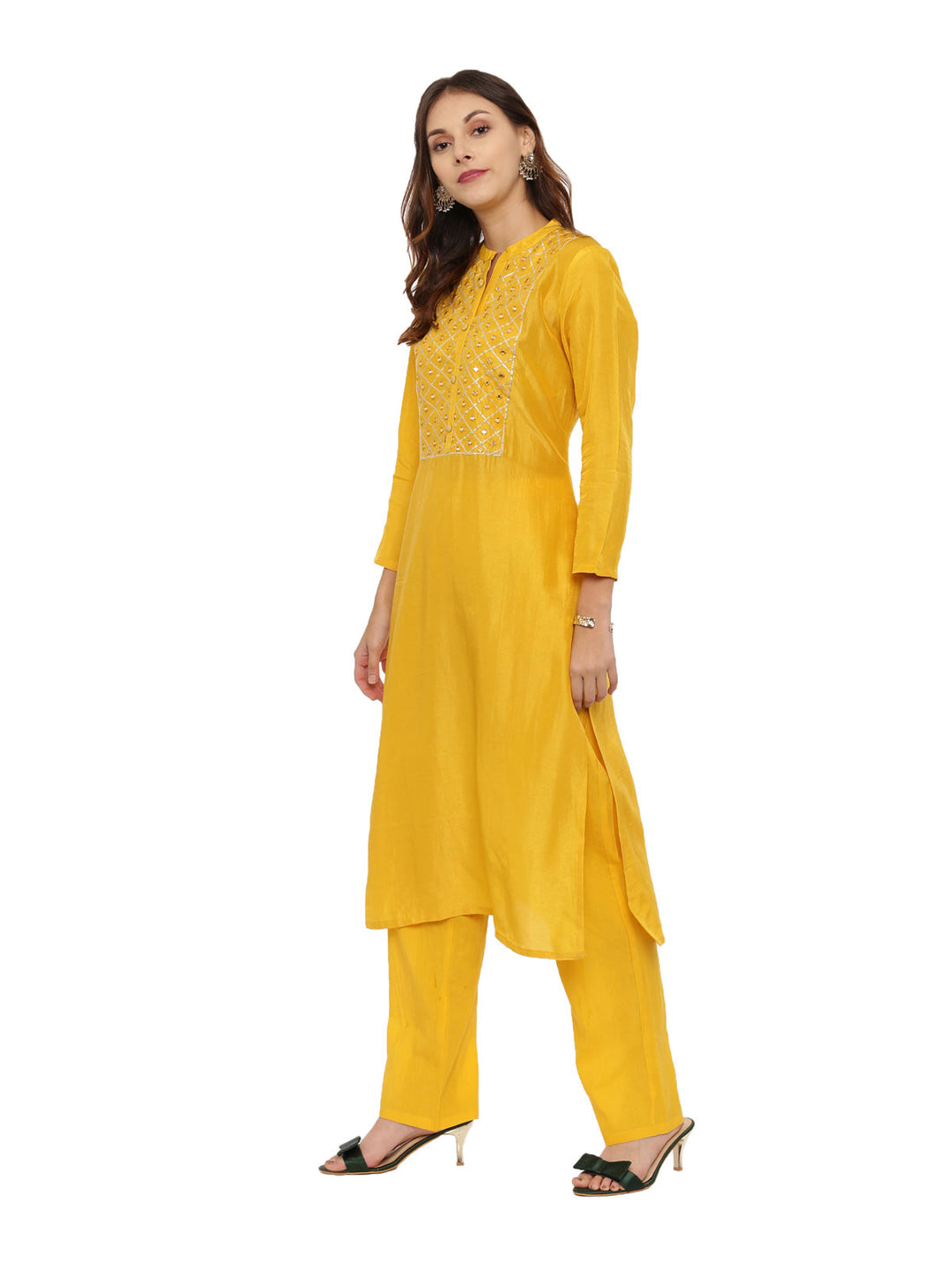 Neerus Yellow embellished kurta set with pant - detail view 2