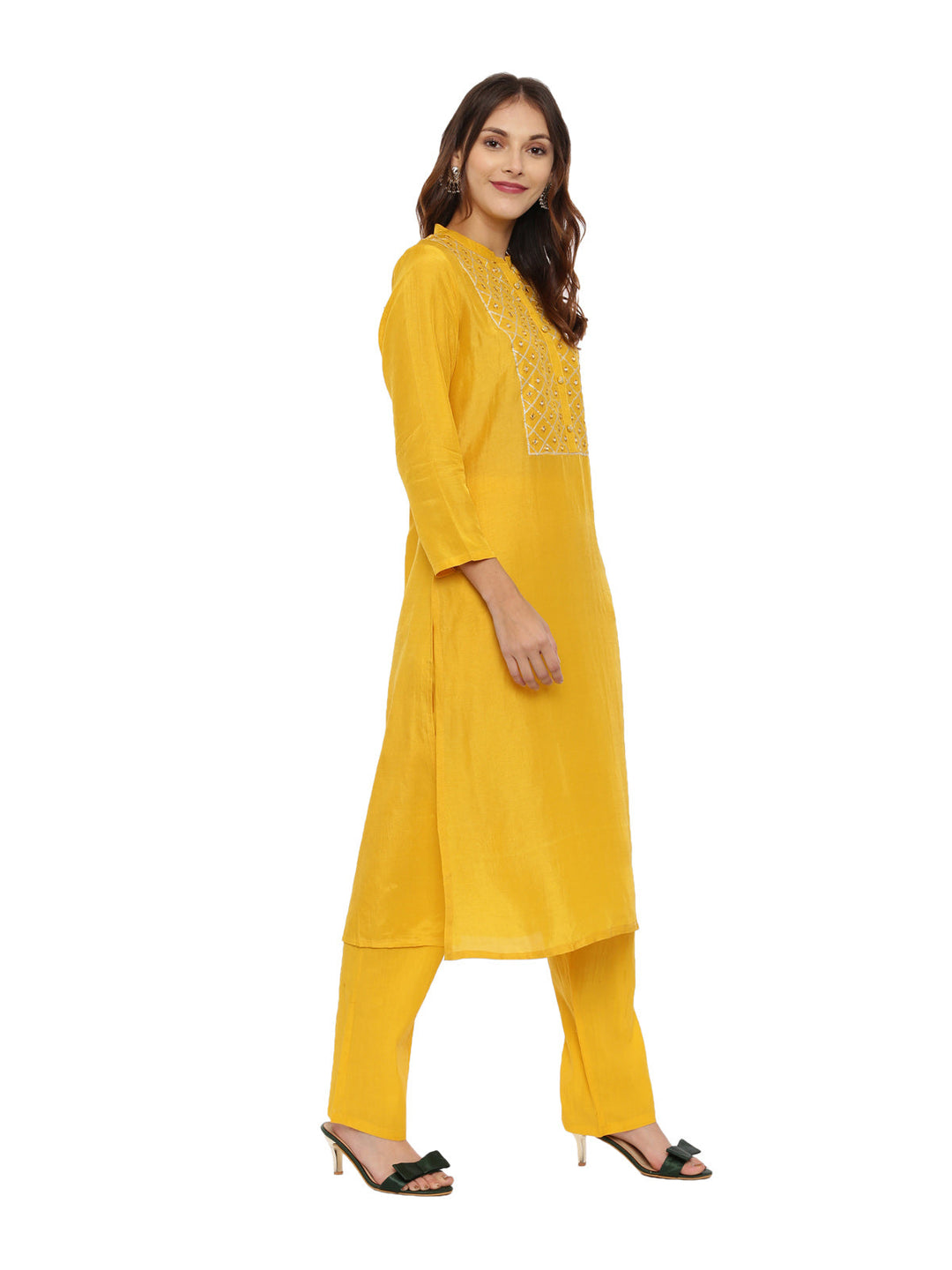 Neerus Yellow embellished kurta set with pant - side view
