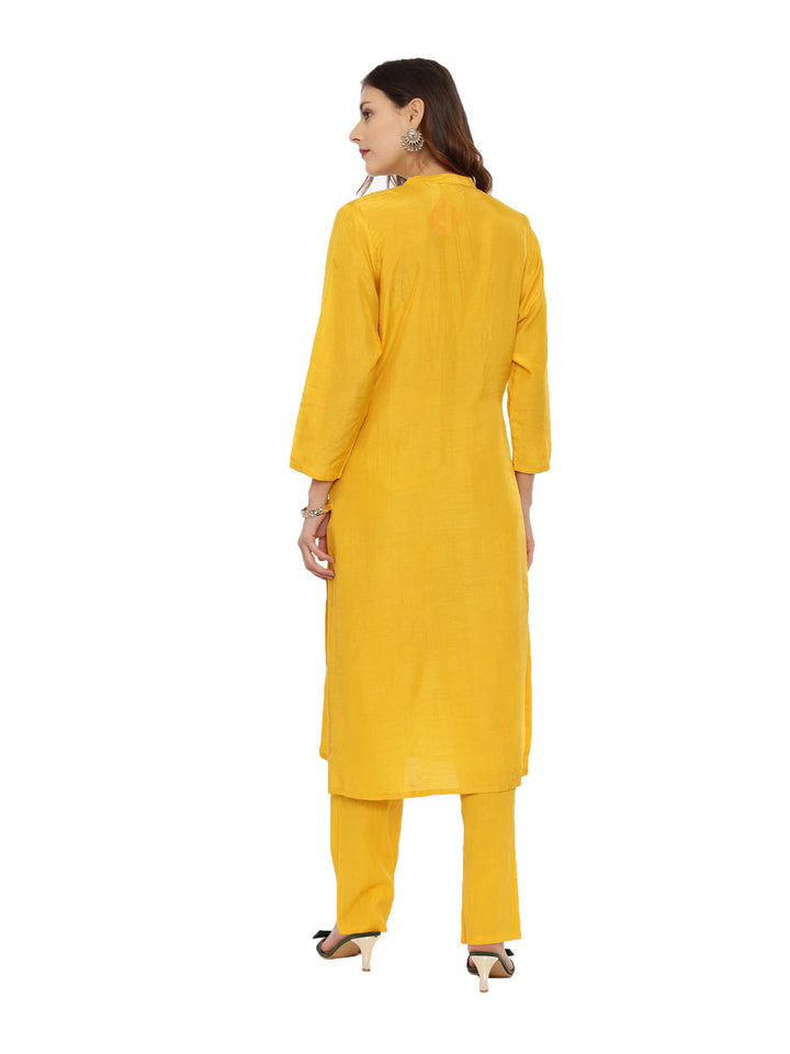 Neerus Yellow embellished kurta set with pant - detail view 1