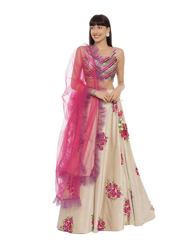 Neerus Beige embellished flared lehenga set - front view