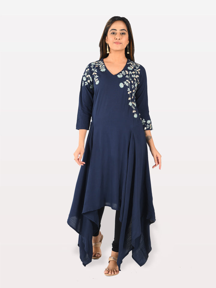 Neerus Blue Rayon Solid Kurti - detail view 2