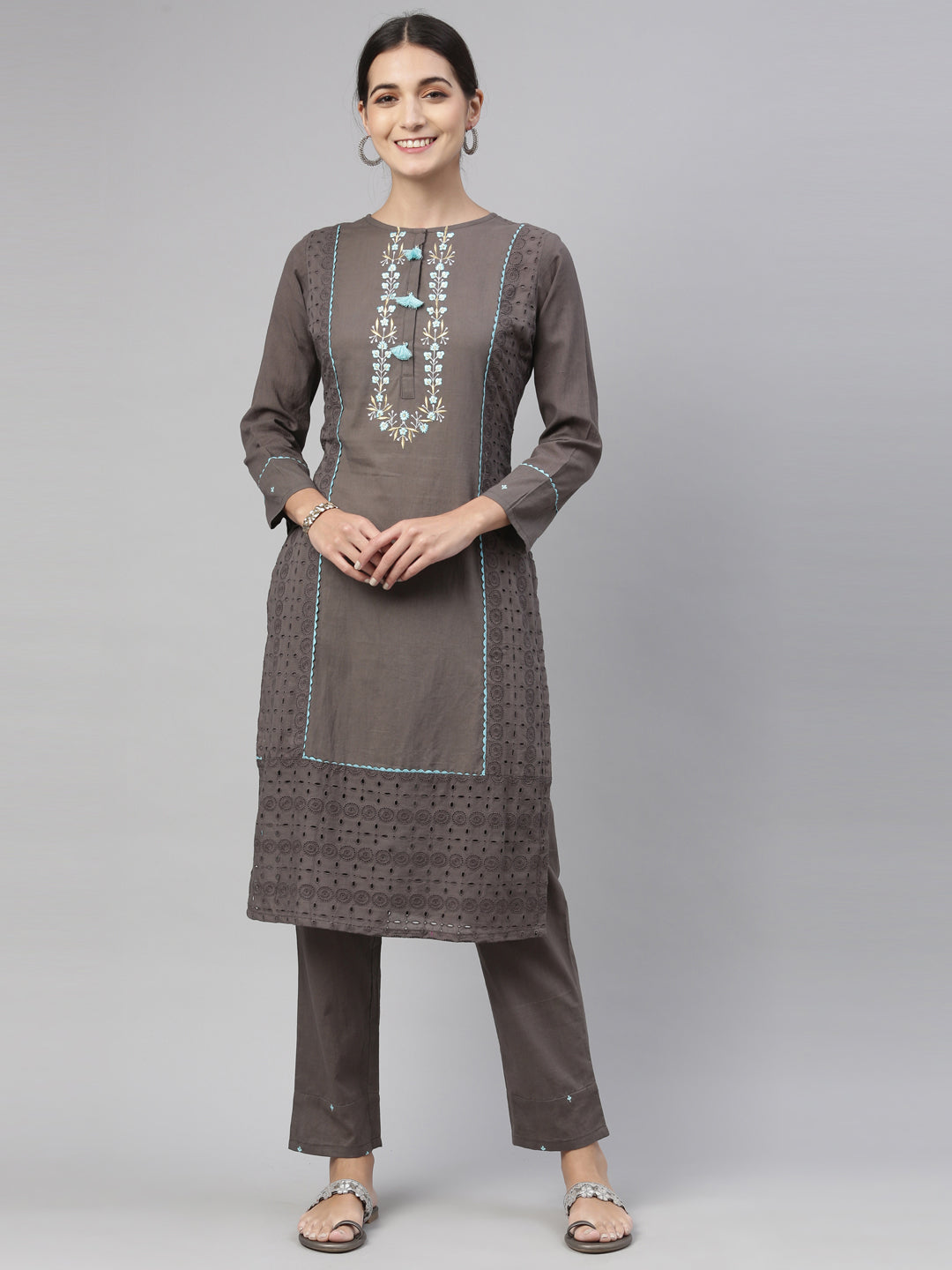Neerus Grey cotton kurta set - front view