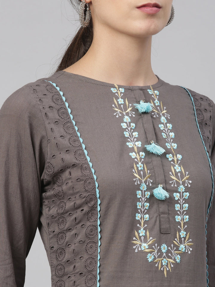 Neerus Grey cotton kurta set - detail view 6