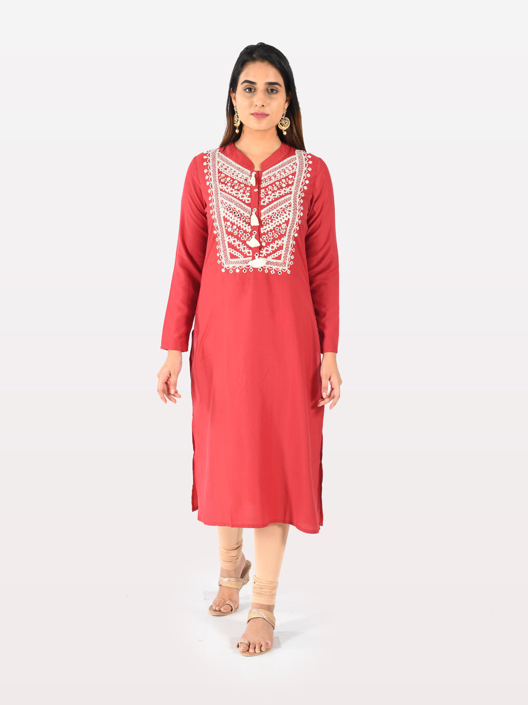 Neerus Red muslin straight kurti - detail view 2