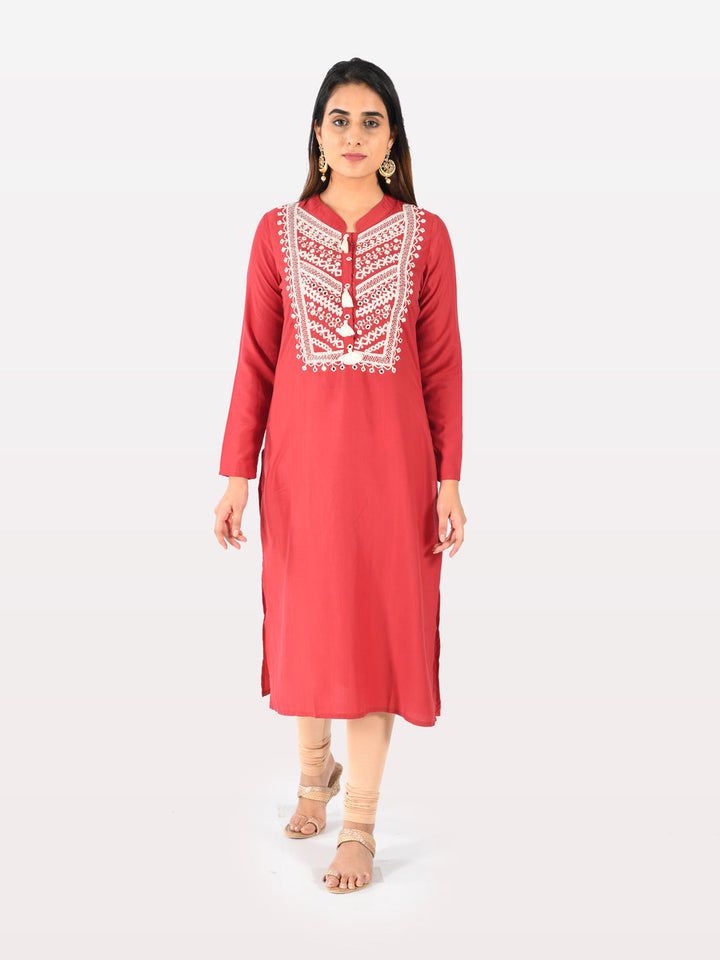 Neerus Red muslin straight kurti - detail view 2