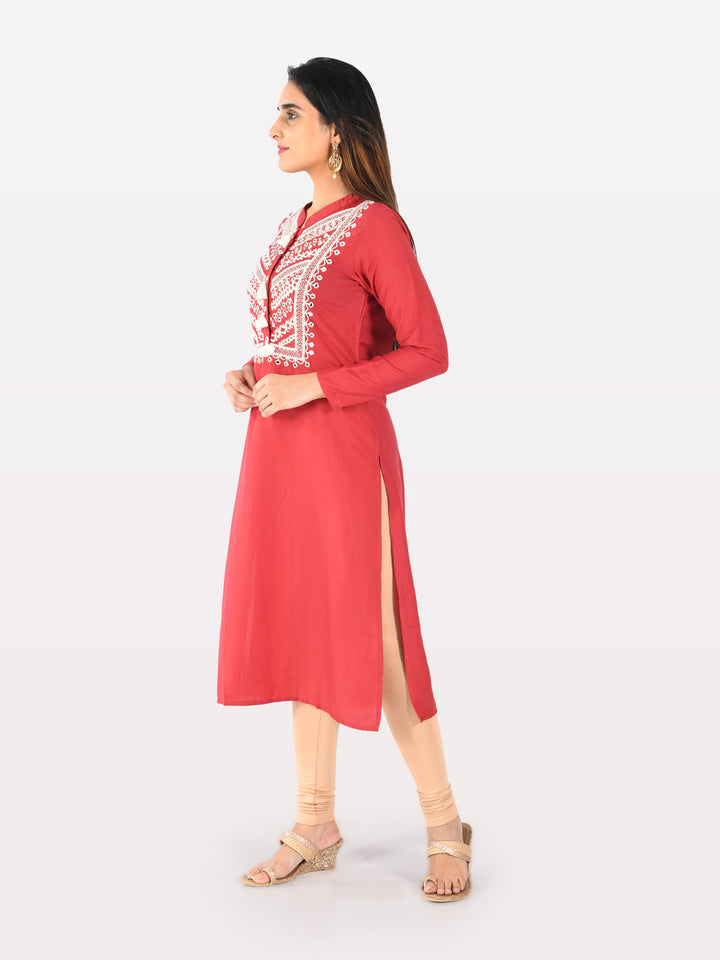 Neerus Red muslin straight kurti - front view