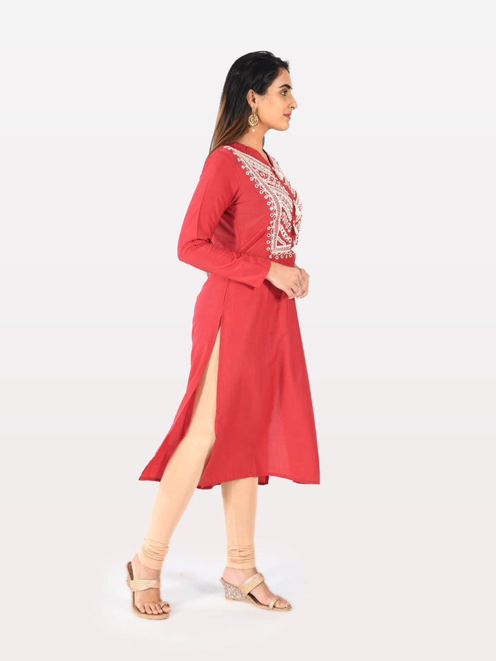 Neerus Red muslin straight kurti - back view