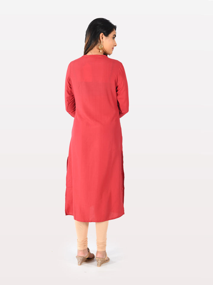 Neerus Red muslin straight kurti - side view