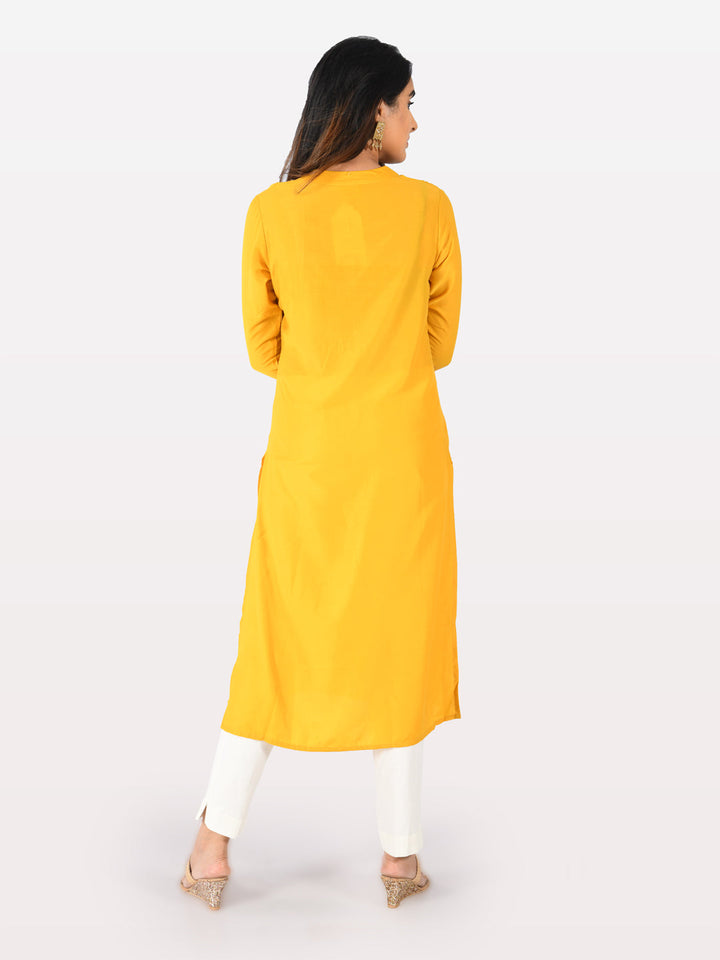 Neerus Yellow muslin embroidered straight kurta - back view