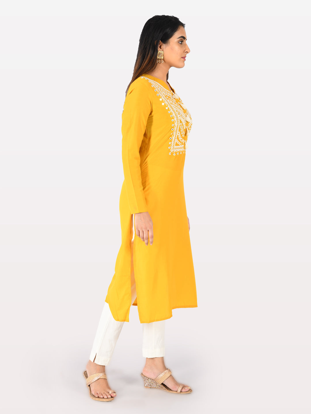 Neerus Yellow muslin embroidered straight kurta - side view