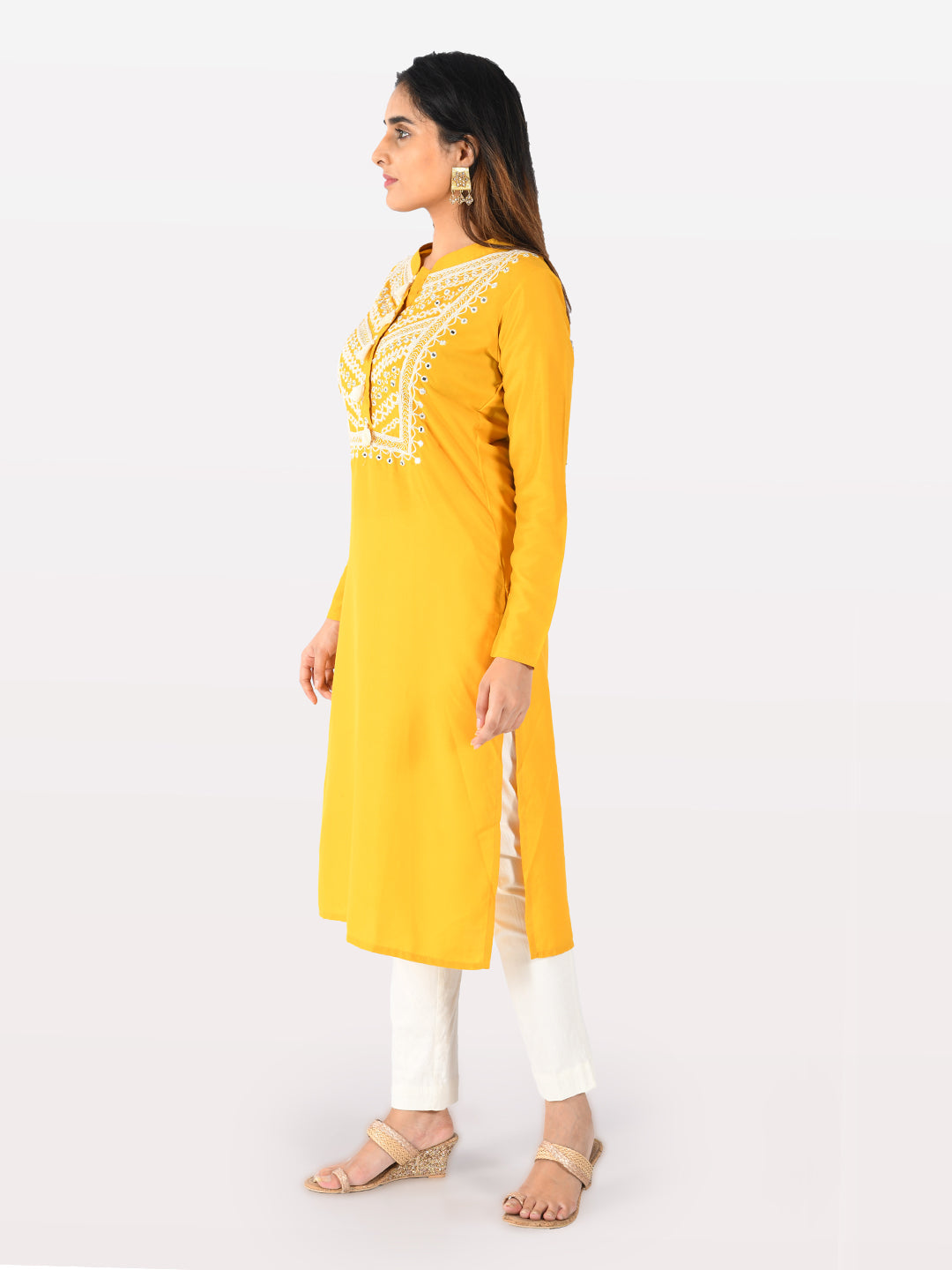 Neerus Yellow muslin embroidered straight kurta - detail view 1
