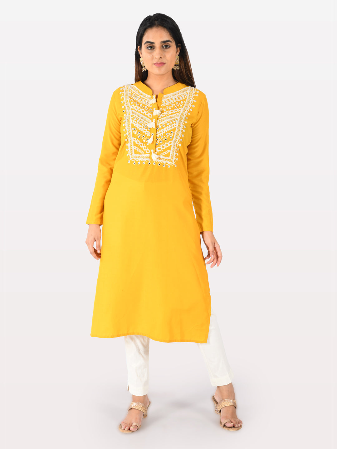 Neerus Yellow muslin embroidered straight kurta - detail view 2