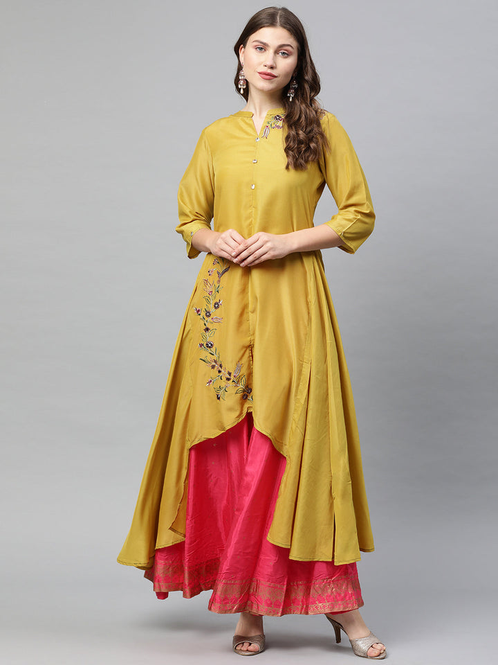 Neerus Yellow viscose rayon embroidered anarkali kurti - front view
