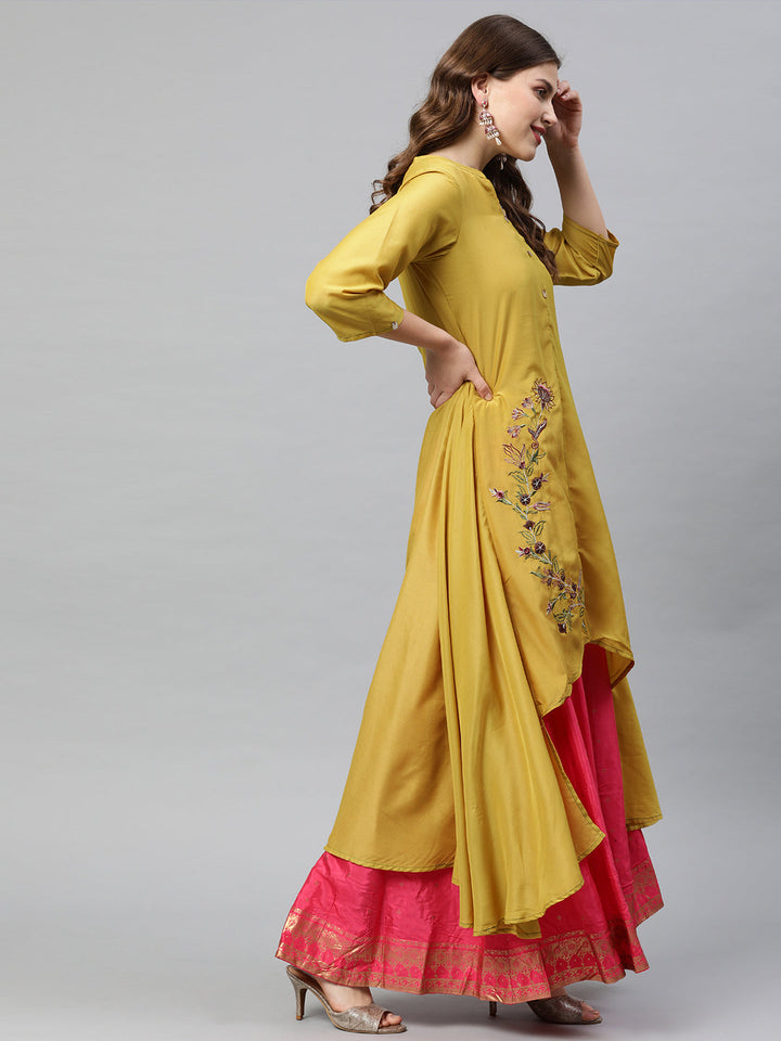 Neerus Yellow viscose rayon embroidered anarkali kurti - side view