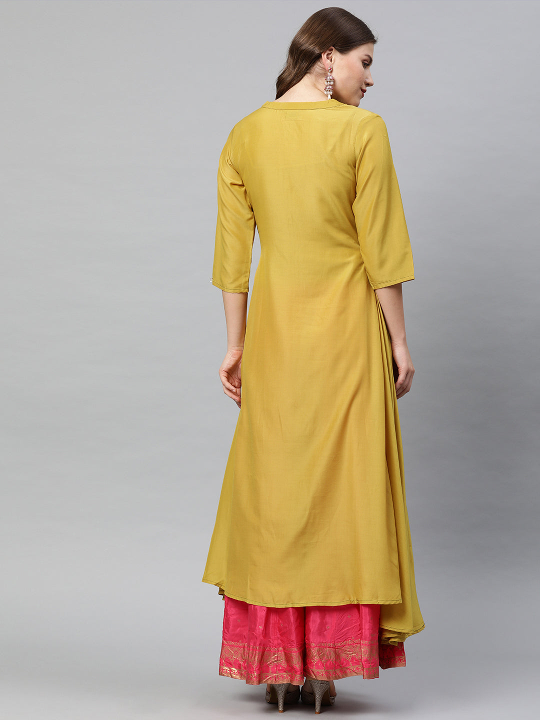 Neerus Yellow viscose rayon embroidered anarkali kurti - detail view 1