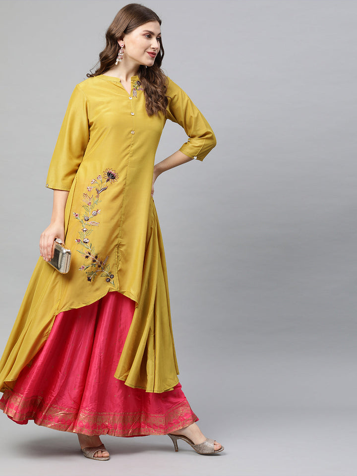 Neerus Yellow viscose rayon embroidered anarkali kurti - detail view 2