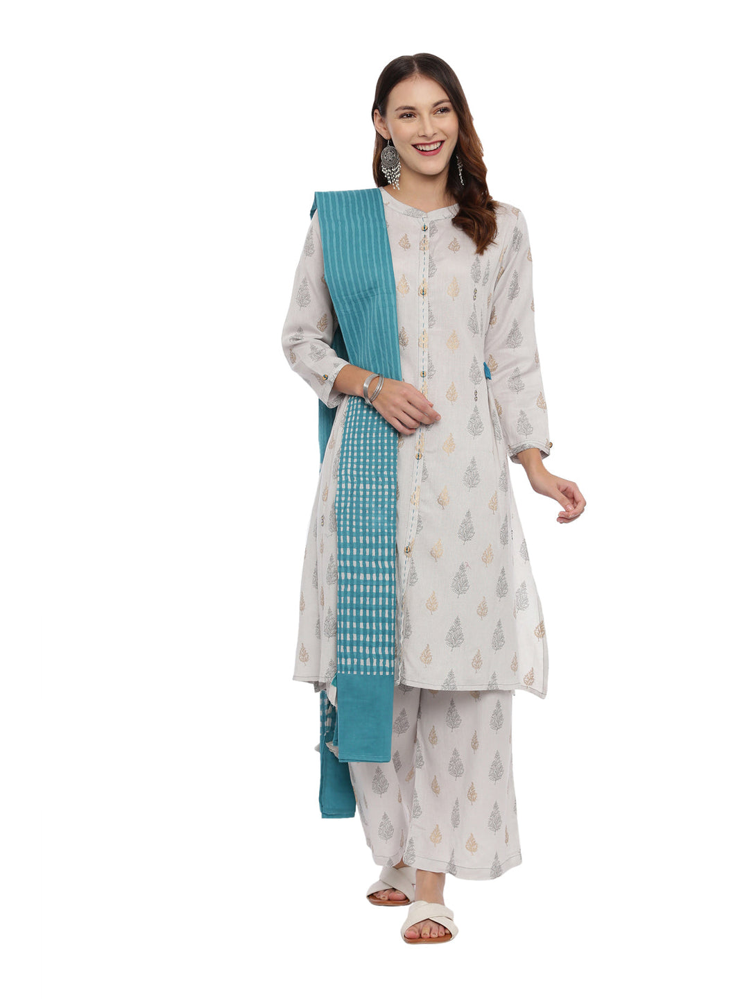 Neerus Grey printed kurta set with palazzo and dupatta - front view