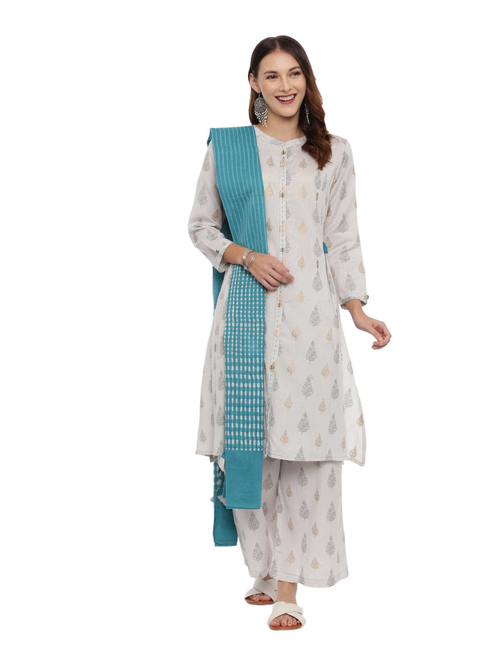 Neerus Grey printed kurta set with palazzo and dupatta - front view