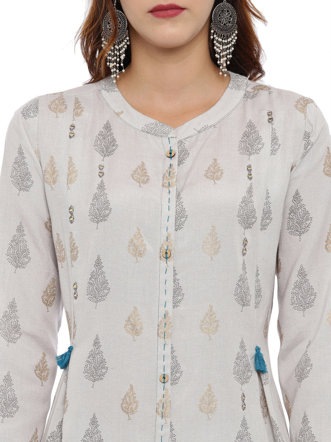 Neerus Grey printed kurta set with palazzo and dupatta - back view