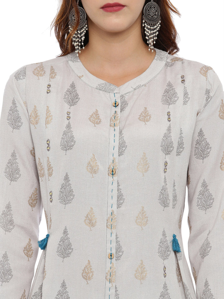 Neerus Grey printed kurta set with palazzo and dupatta - back view
